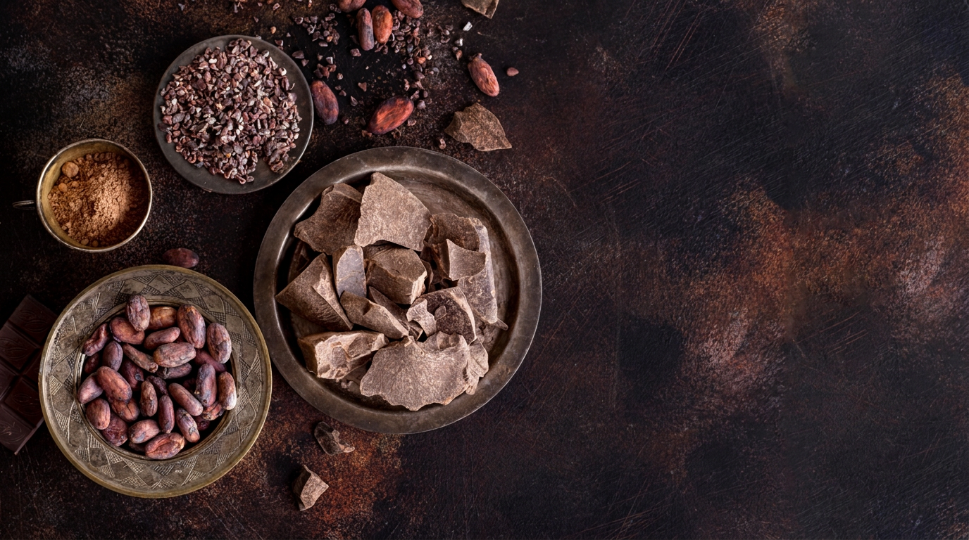 Pure chocolade en cacaobonen op donker metaal