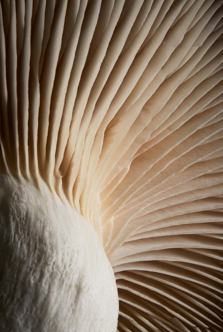 Macrodetail van ivoorkleurige paddenstoellamellen